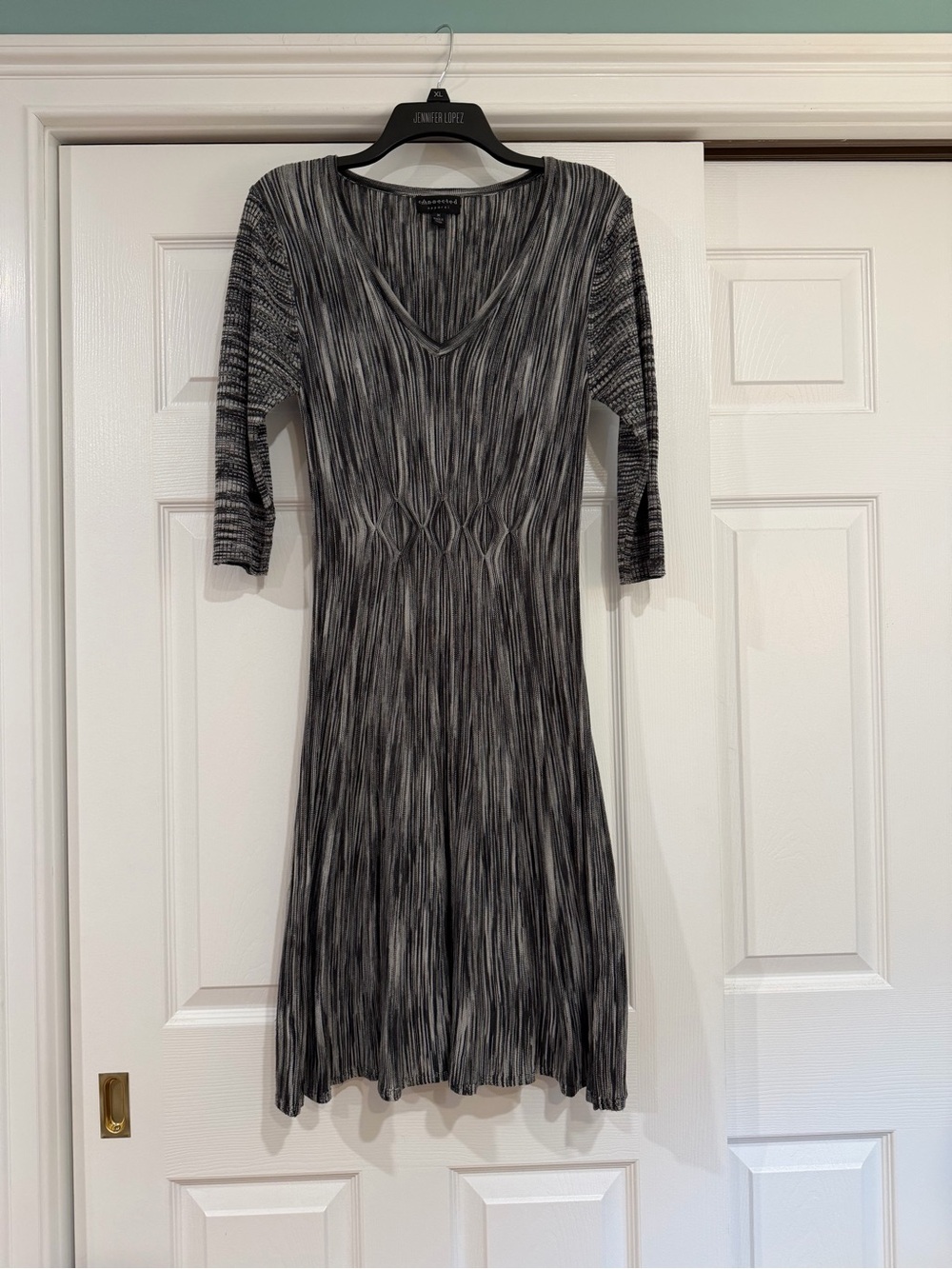 Connected apparel Black & Gray V-Neck Midi Knit Dress Size M